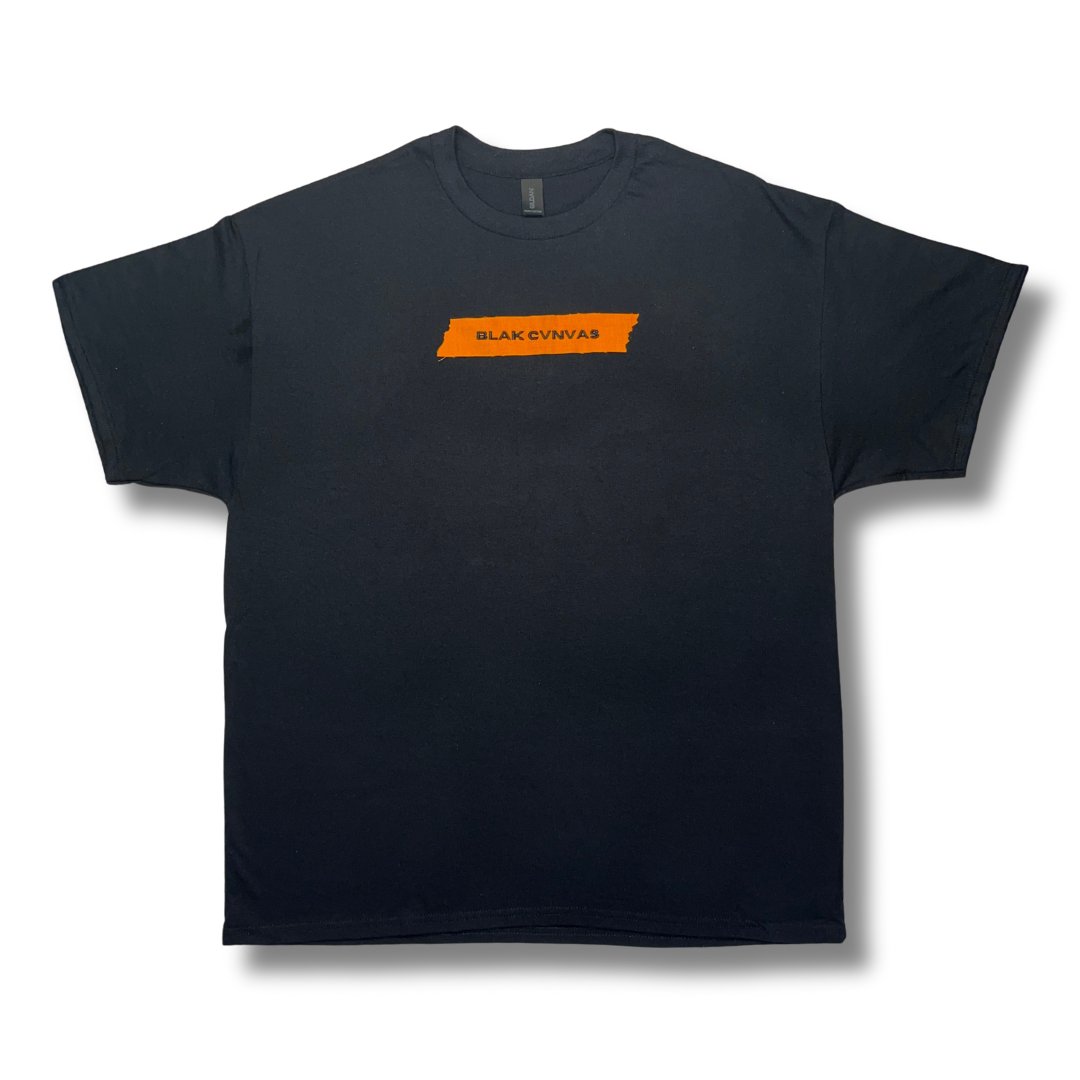 Standard black tee with signature orange tape detail by BLAK CVNVAS