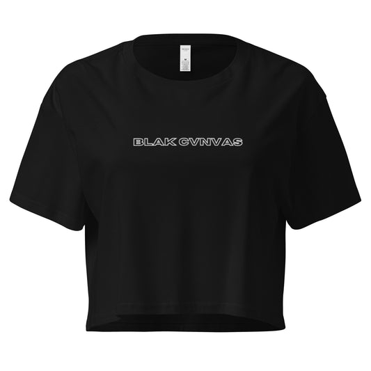 Cropped black tee with orange logo print by BLAK CVNVAS