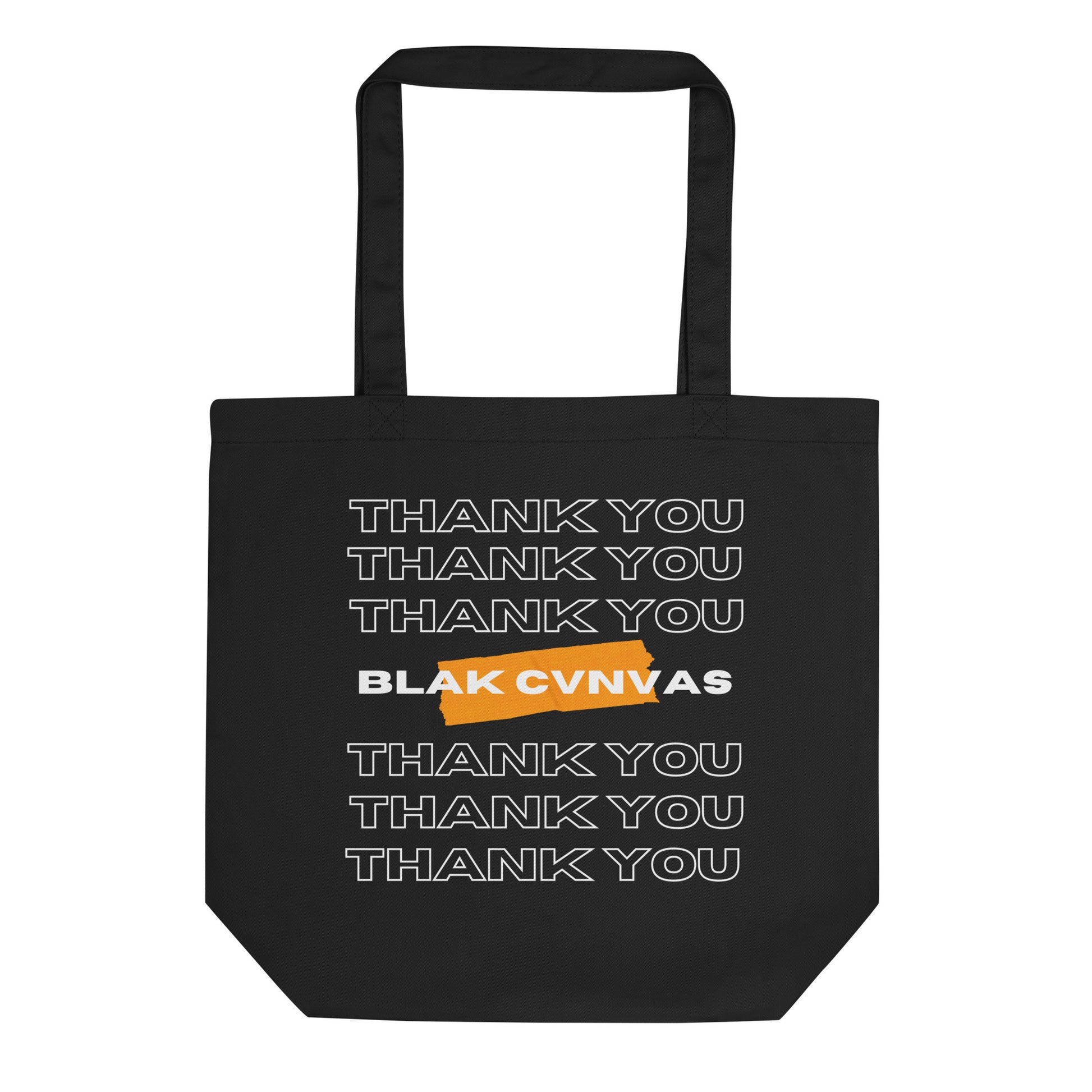 Organic black tote bag with bold orange logo by BLAK CVNVAS