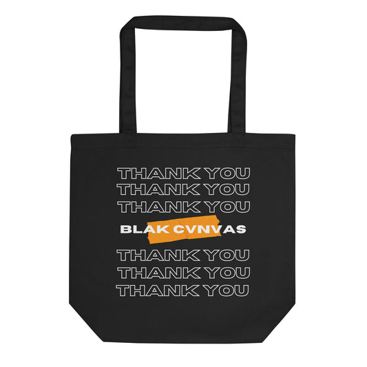 Organic black tote bag with bold orange logo by BLAK CVNVAS